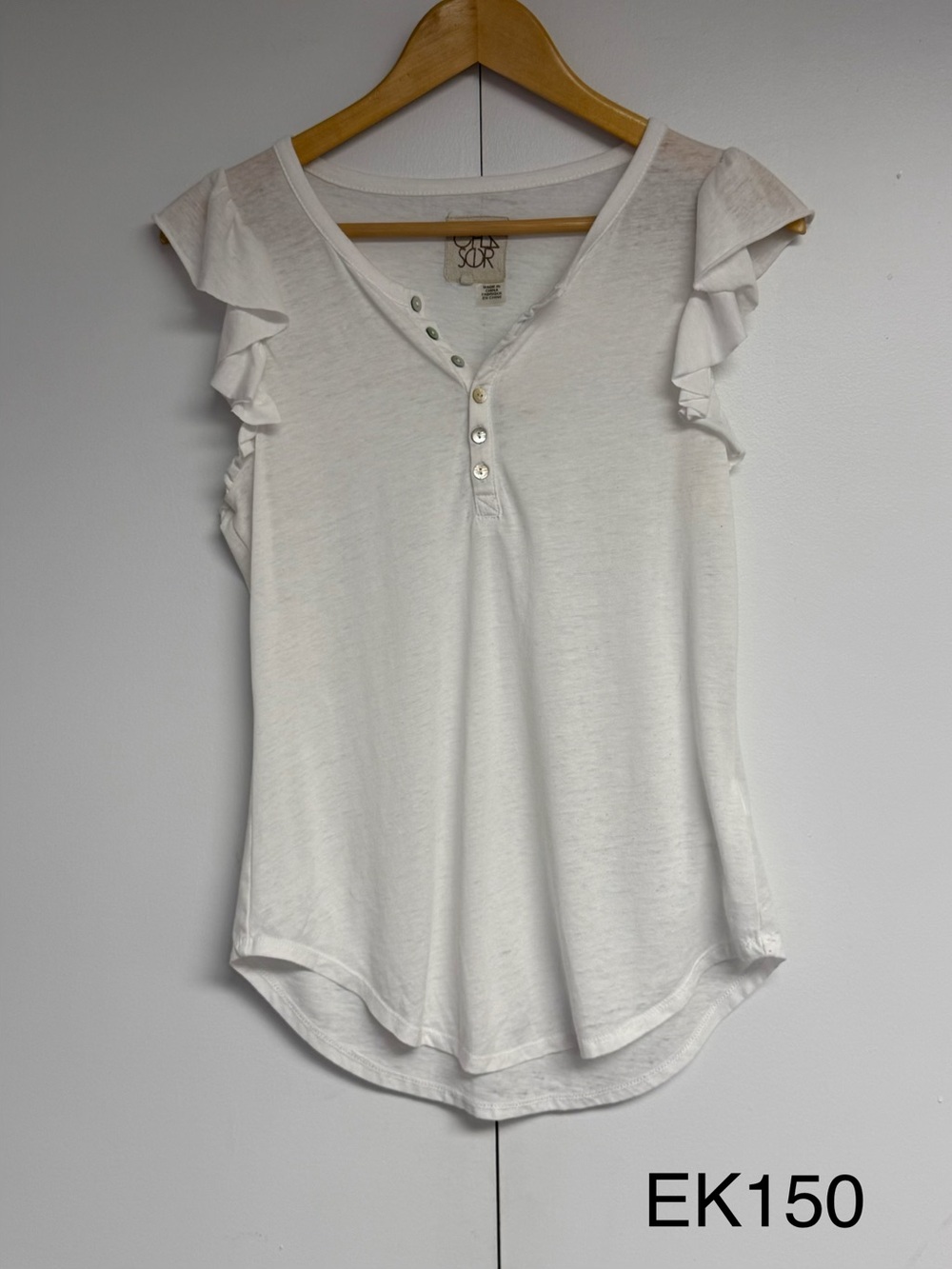 CHASER White Ruffle Flutter Sleeve Henley Top M